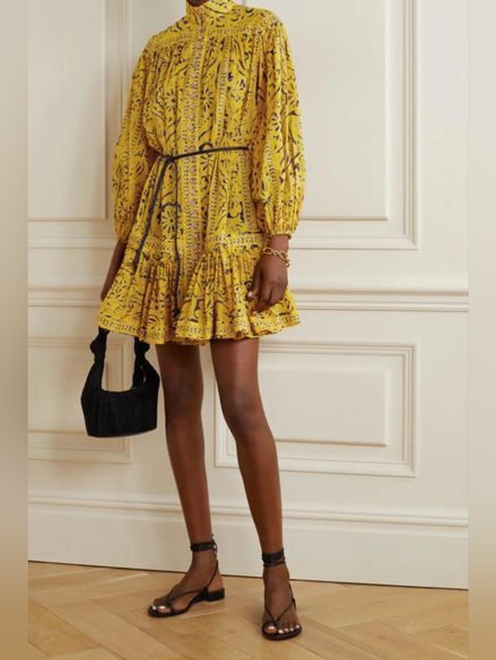 ZIMMERMAN Lulu Belted Ruffle Printed Drop Waist Cotton Mini Dress In Yellow L.